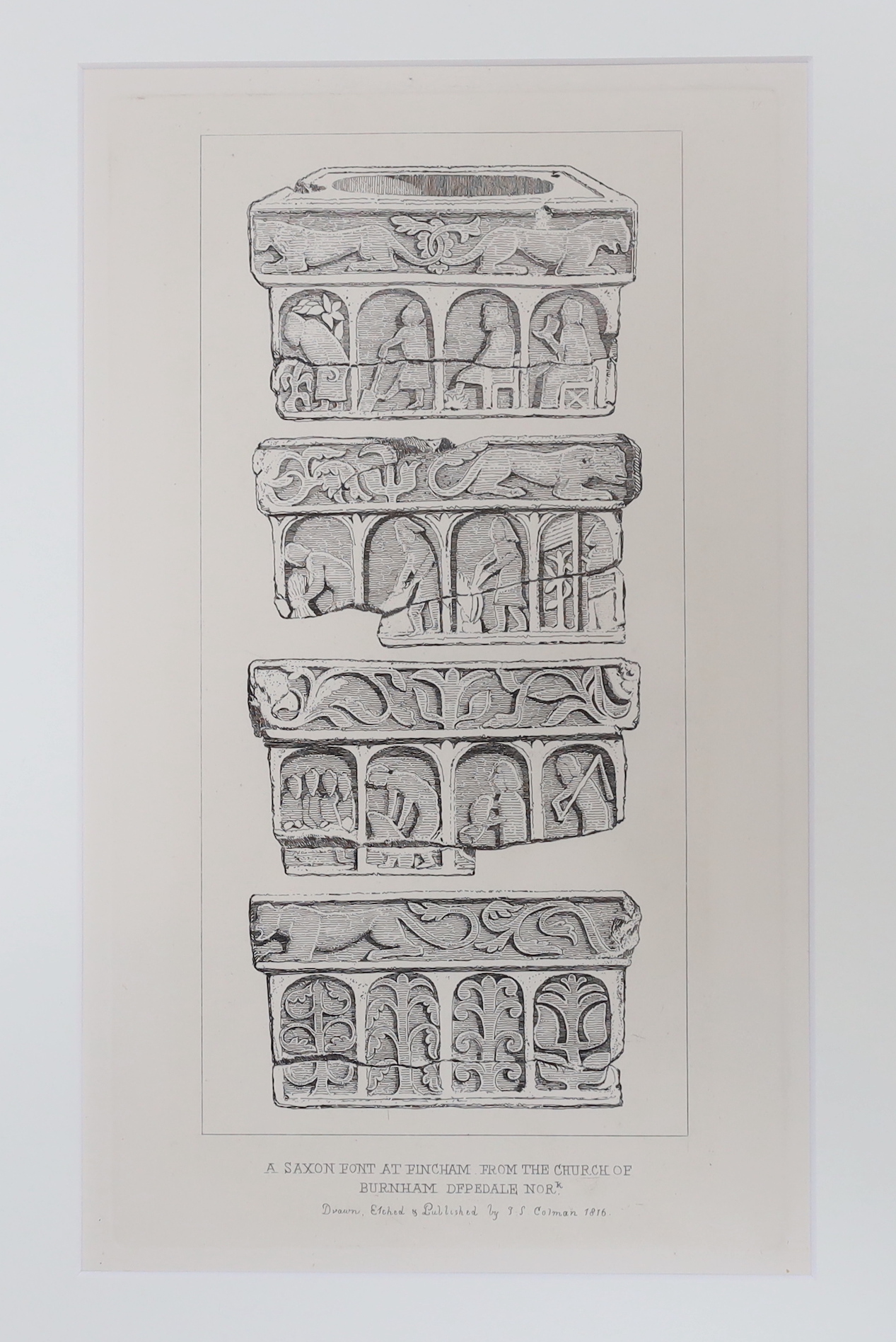 John Sell Cotman (1782-1842), six etchings including, ‘Font in Hunstanton Church’, ‘Hautbois Font Norfolk’ and ‘Font at Calthorpe’, largest 28 x 22cm